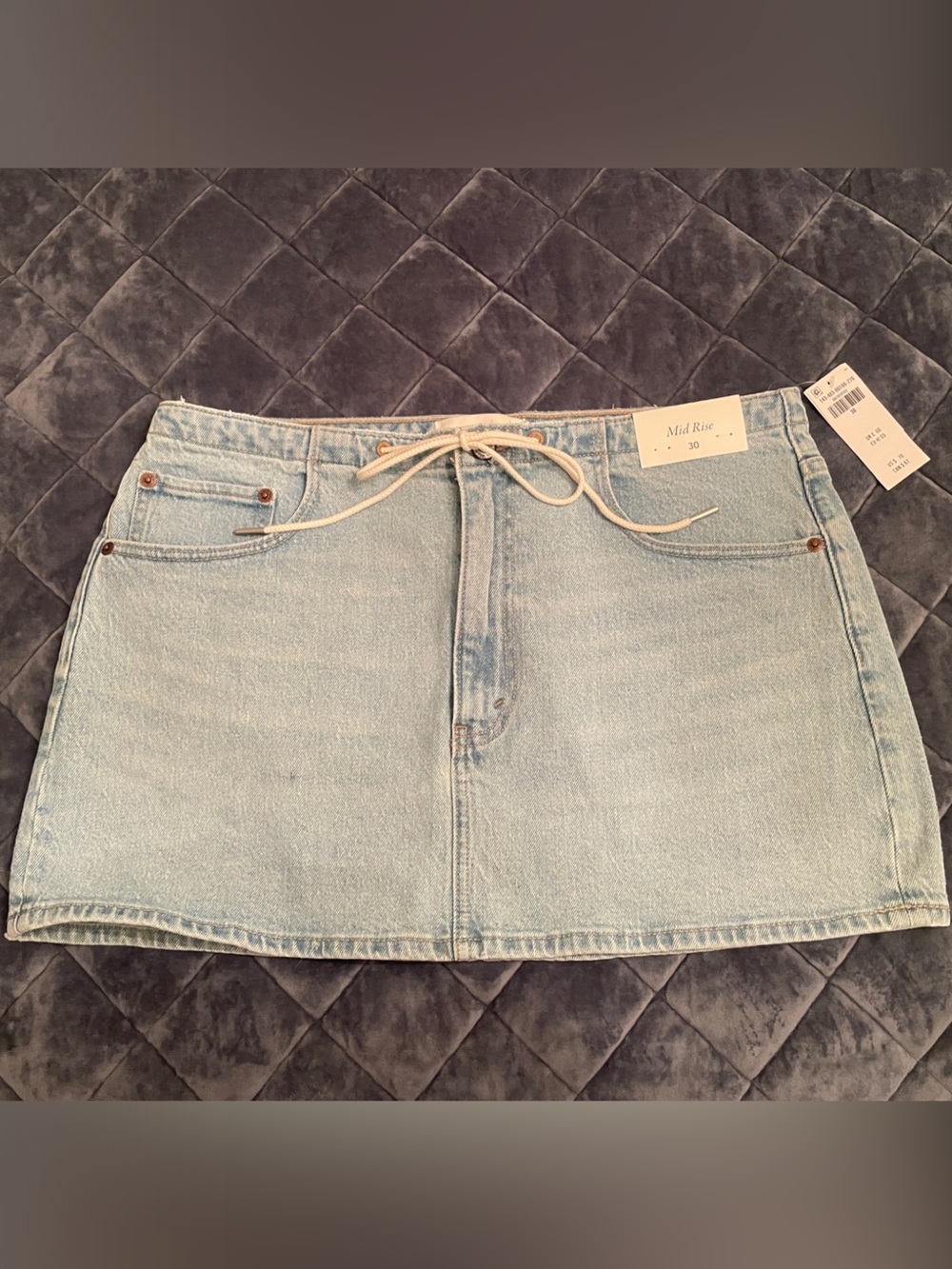 Light Wash Denim Mini Skirt with Drawstring - Picture 1 of 2